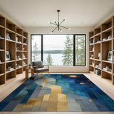 Geometric Blue Night Sky Area Rug with Gold Moon