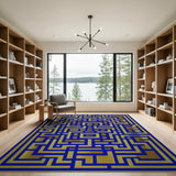 Shimmering Gold Maze on Deep Blue Geometric Rug