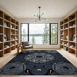 Navy Mandala Floral Area Rug with Gold Accents