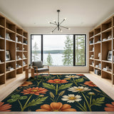 Vintage Orange Cosmos Daisy Floral Area Rug