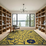 Navy Butterfly Floral Vine Area Rug on Yellow