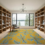 Yellow Area Rug with Blue Leaf Branches