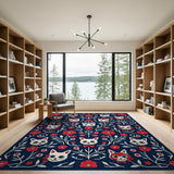Navy Skull Cat Rose Floral Area Rug