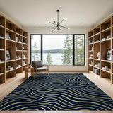 Navy Blue Golden Waves Abstract Area Rug
