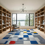 Modern Geometric Abstract Area Rug in Blue Multi-Color