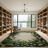 Lush Green Fern Magnolia Floral Border Rug