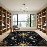 Golden Sun Moon Celestial Pattern Area Rug
