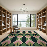 ODIKA Washable Geometric Area Rug - Mid-Century Modern Green & Pink Low Pile Non-Slip
