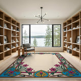 Vibrant Floral Bird Border Area Rug
