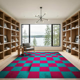 Distressed Pink Teal Checkered Area Rug