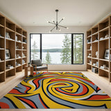 Bold Yellow Red Geometric Swirl Area Rug