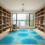 Retro Blue Swirl Floral Area Rug