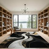 Abstract Black Marble Gold Wave Area Rug