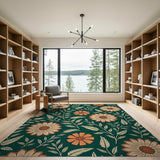 Emerald Green Peach Floral Area Rug