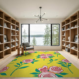 Vibrant Red Roses on Sunny Yellow Floral Area Rug