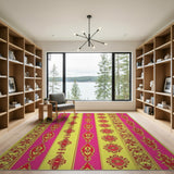 Vibrant Pink Yellow Ornate Striped Persian Rug