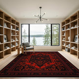 ODIKA Washable Red Traditional Medallion Area Rug - Low Pile Non-Slip