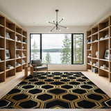 Gold Hexagon Geometric Area Rug on Black