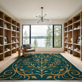 Elegant Teal Gold Ornate Leaf Area Rug