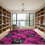 Hot Pink Black Swirl Floral Area Rug