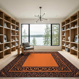 Vibrant Orange Rug with Ornate Black Border