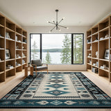 Blue and Teal Teal Black Southwestern Geometric Area Rug