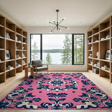 Hot Pink Navy Floral Damask Area Rug
