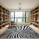 ODIKA Modern Abstract Black & White Wavy Washable Area Rug - Low Pile, Non-Slip, Pet & Kid Friendly