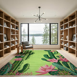 Vibrant Green Cactus Pink Bloom Area Rug