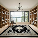 Ornate Black Ivory Floral Medallion Rug