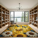 Sunflowers Colorful Butterflies on Rustic Wood Rug