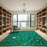 Cosmic Swirl Green Area Rug with Stars Planet