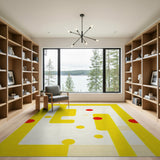 Bold Yellow Geometric Area Rug with Red Dots