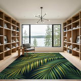 Vibrant Green Palm Frond Area Rug on Black