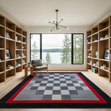 Modern Grey Checkerboard Area Rug with Red Border