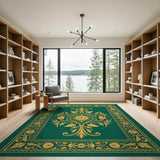 Emerald Green Persian Area Rug with Gold Floral Motifs