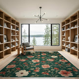 Green Emerald Green Peony Floral Area Rug