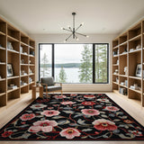 Red Peony Floral on Black Vintage Rug