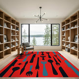 Red Cutlery Print Washable Area Rug