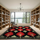 Art Deco Red Palm Frond Rug on Black