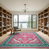 Ornate Pink Floral Area Rug with Teal Accents