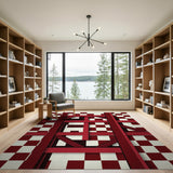 Bold Red Checkered Geometric Frame Rug