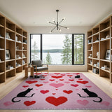 Whimsical Black Cat Hearts Pink Woven Rug