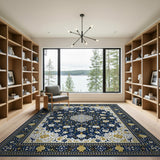 Navy Persian Floral Area Rug with Gold Accents