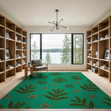 Vibrant Green Fern Leaf Orange Flower Area Rug
