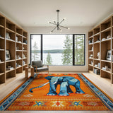 Bold Blue Elephant on Orange Southwestern Area Rug