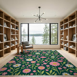 Emerald Green Pink Daisy Floral Area Rug