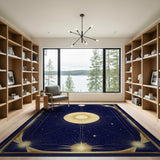 Washable Celestial Sun Area Rug - Navy Blue & Gold Low Pile Non-Slip Rug