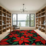 Red Floral Vintage Bold Red Poinsettia Floral Area Rug