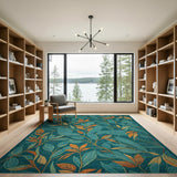 Teal Foliage Area Rug with Orange Accents